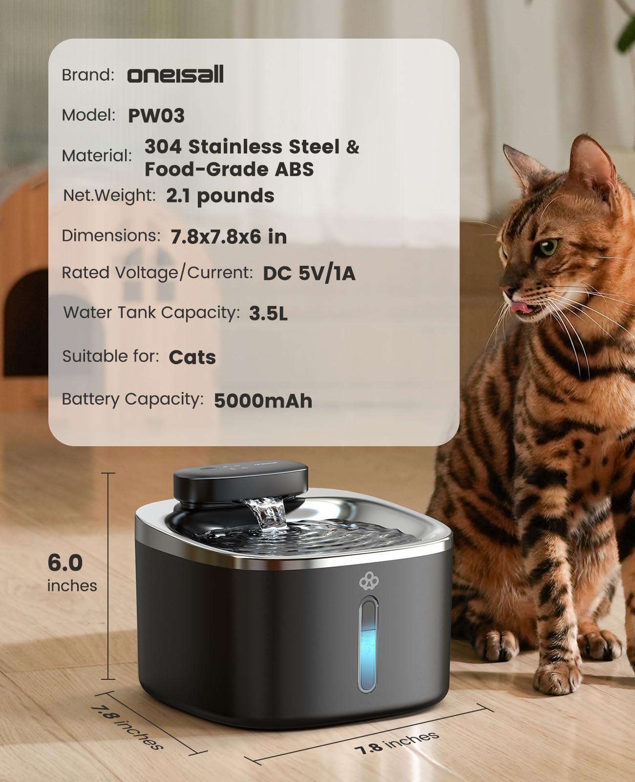 oneisall cat water fountain 3.5L black energy-efficient design saves power.