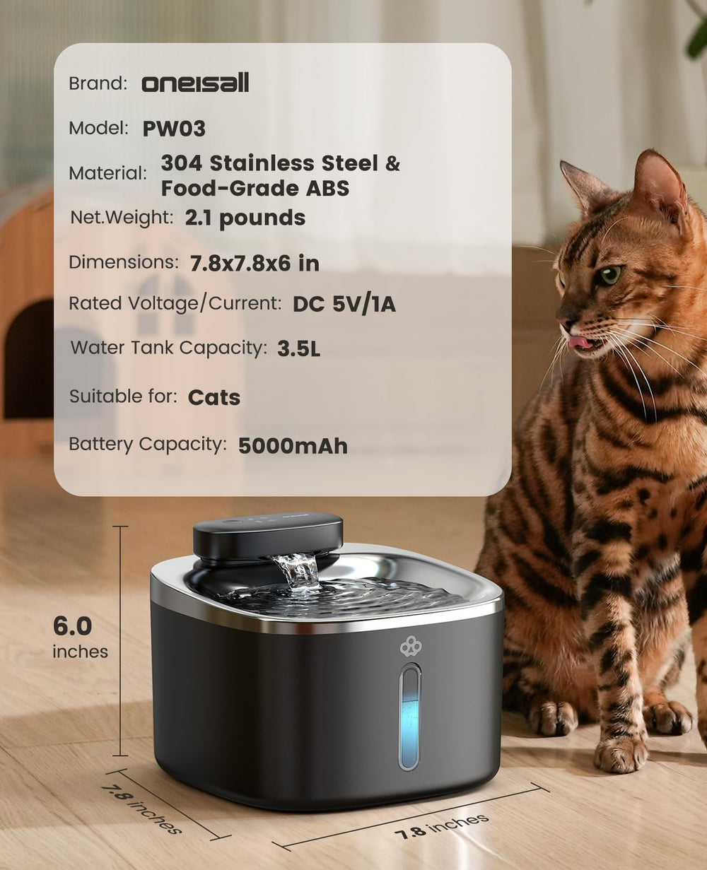 oneisall cat water fountain 3.5L black energy-efficient design saves power.