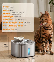 oneisall cat water fountain 3.5L black stainless steel bowl emphasizes easy cleaning.