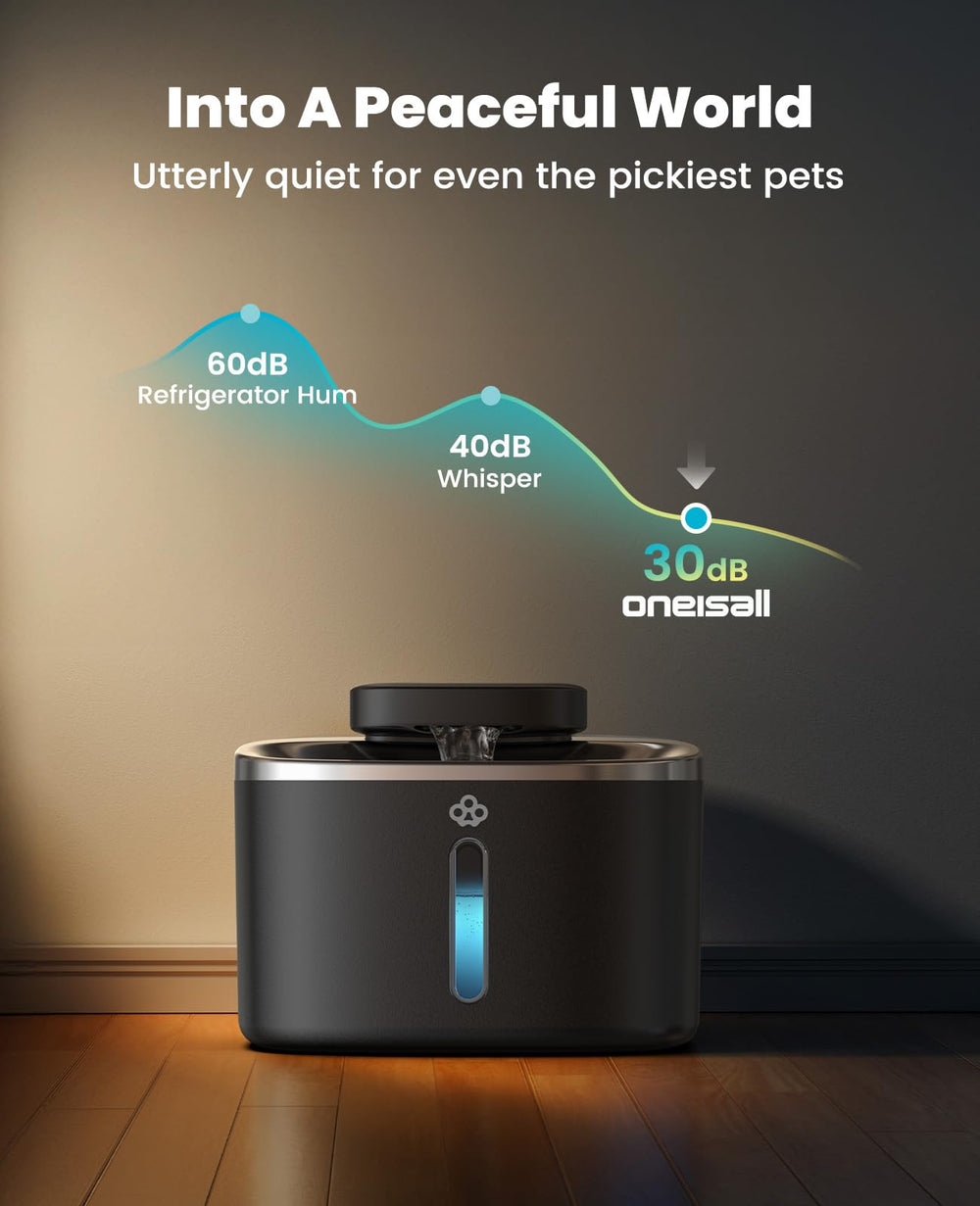 oneisall cat water fountain 3.5L black compact unit fits indoors easily.