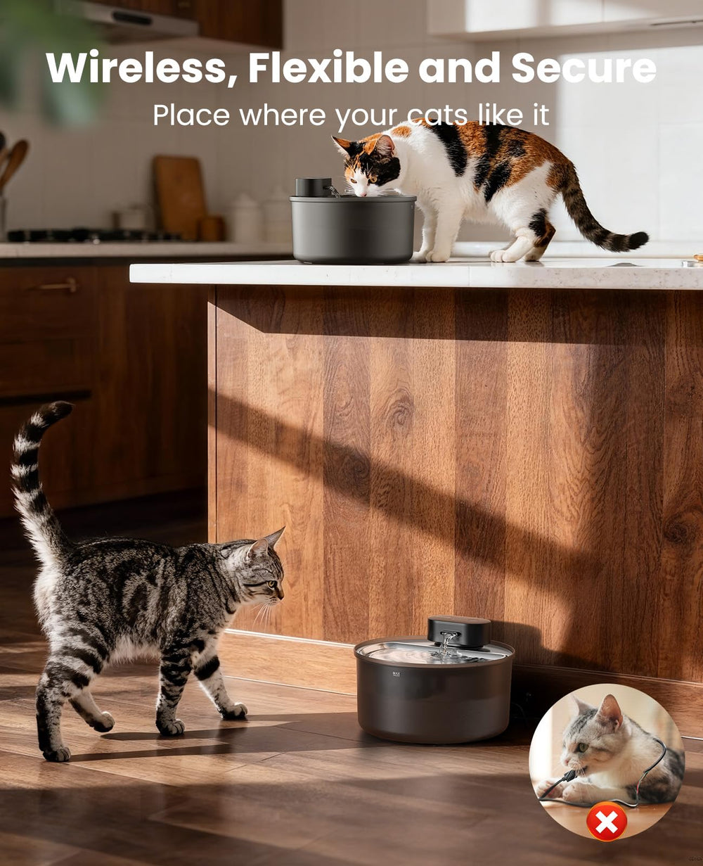 oneisall cat water fountain battery-compartment close-up shows built-in rechargeable battery for cordless use