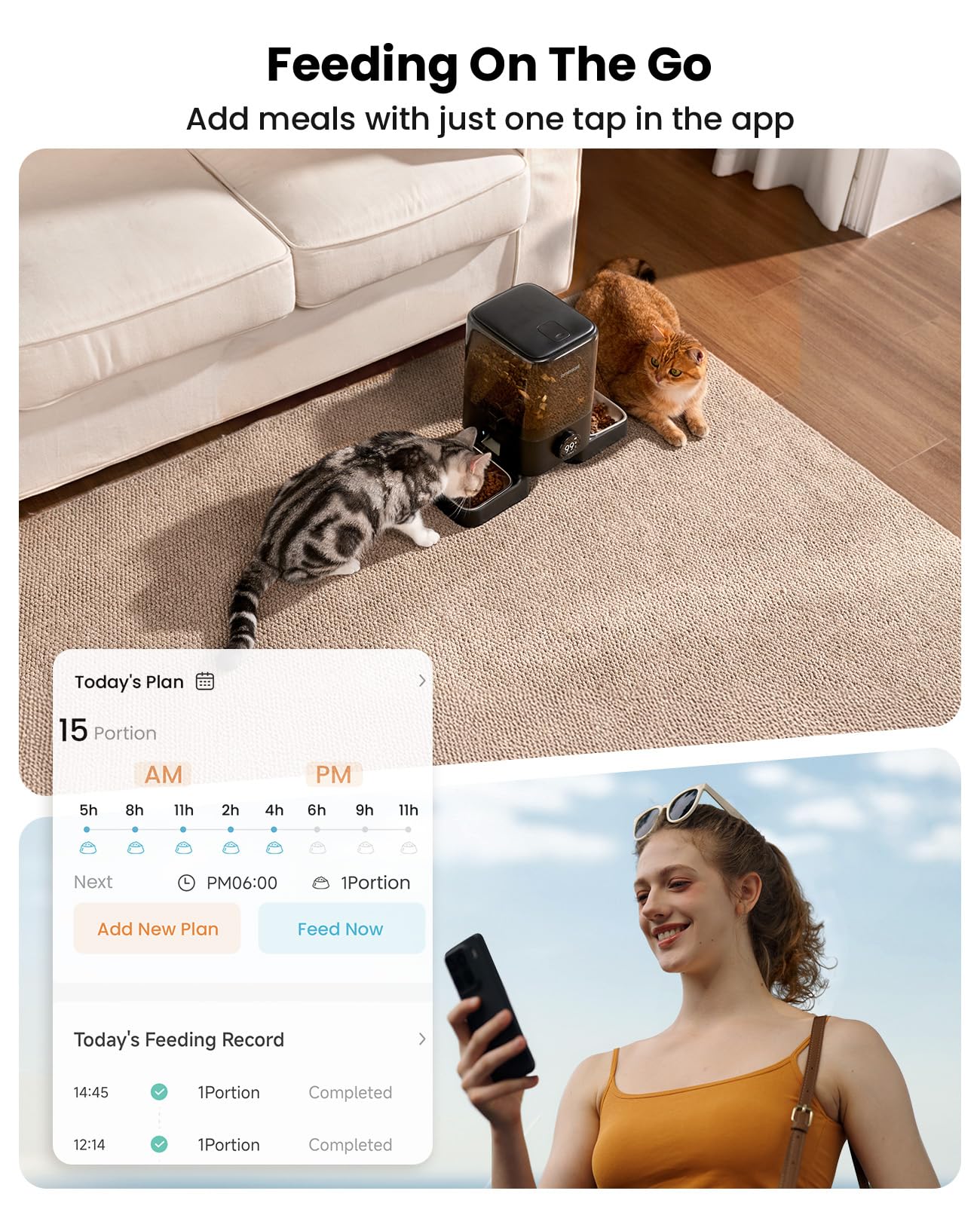 Oneisall app control view showing remote meal scheduling for two cats.