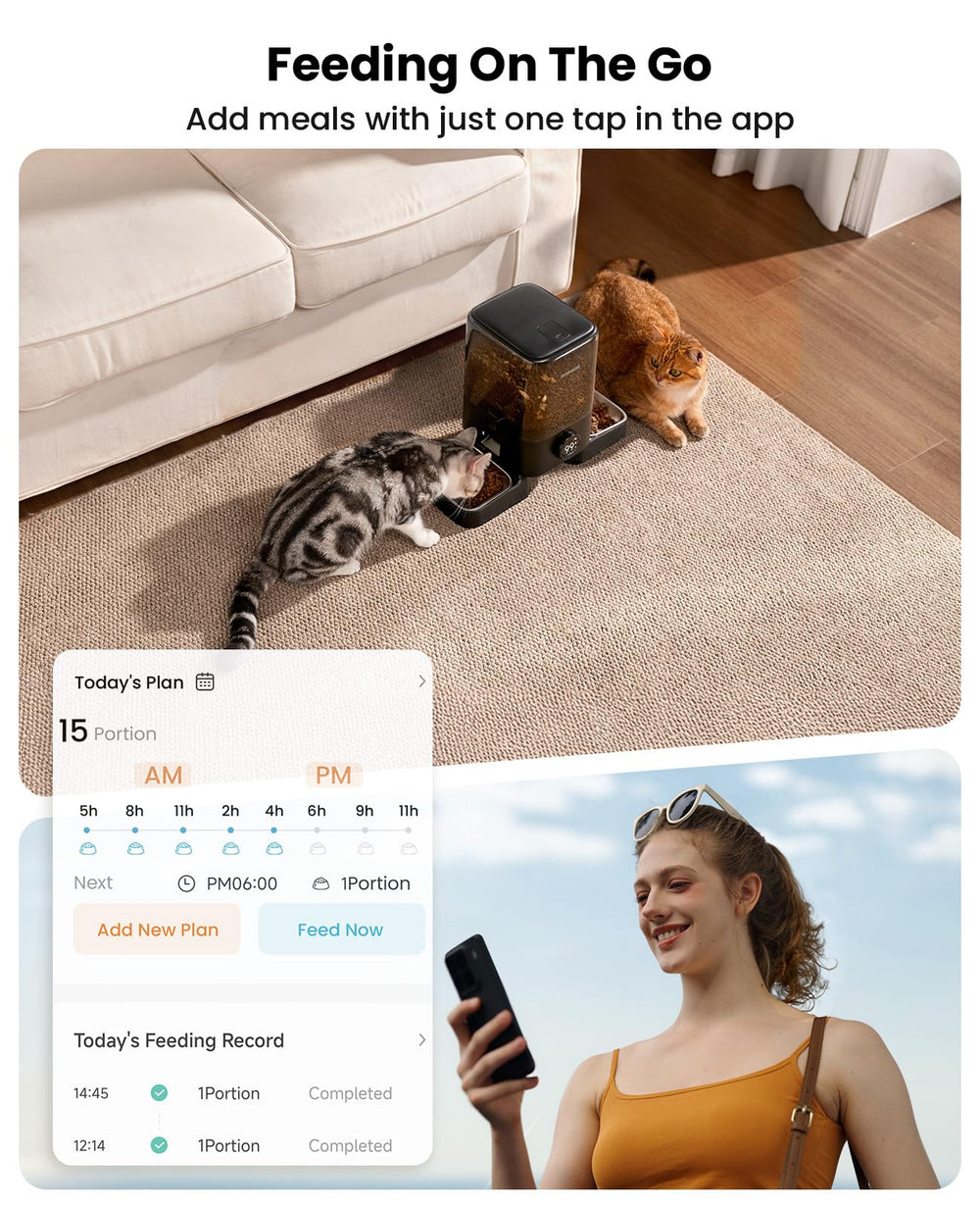 Oneisall app control view showing remote meal scheduling for two cats.