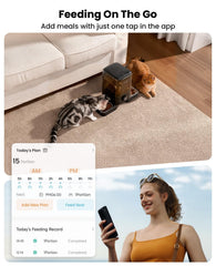 Oneisall app control view showing remote meal scheduling for two cats.