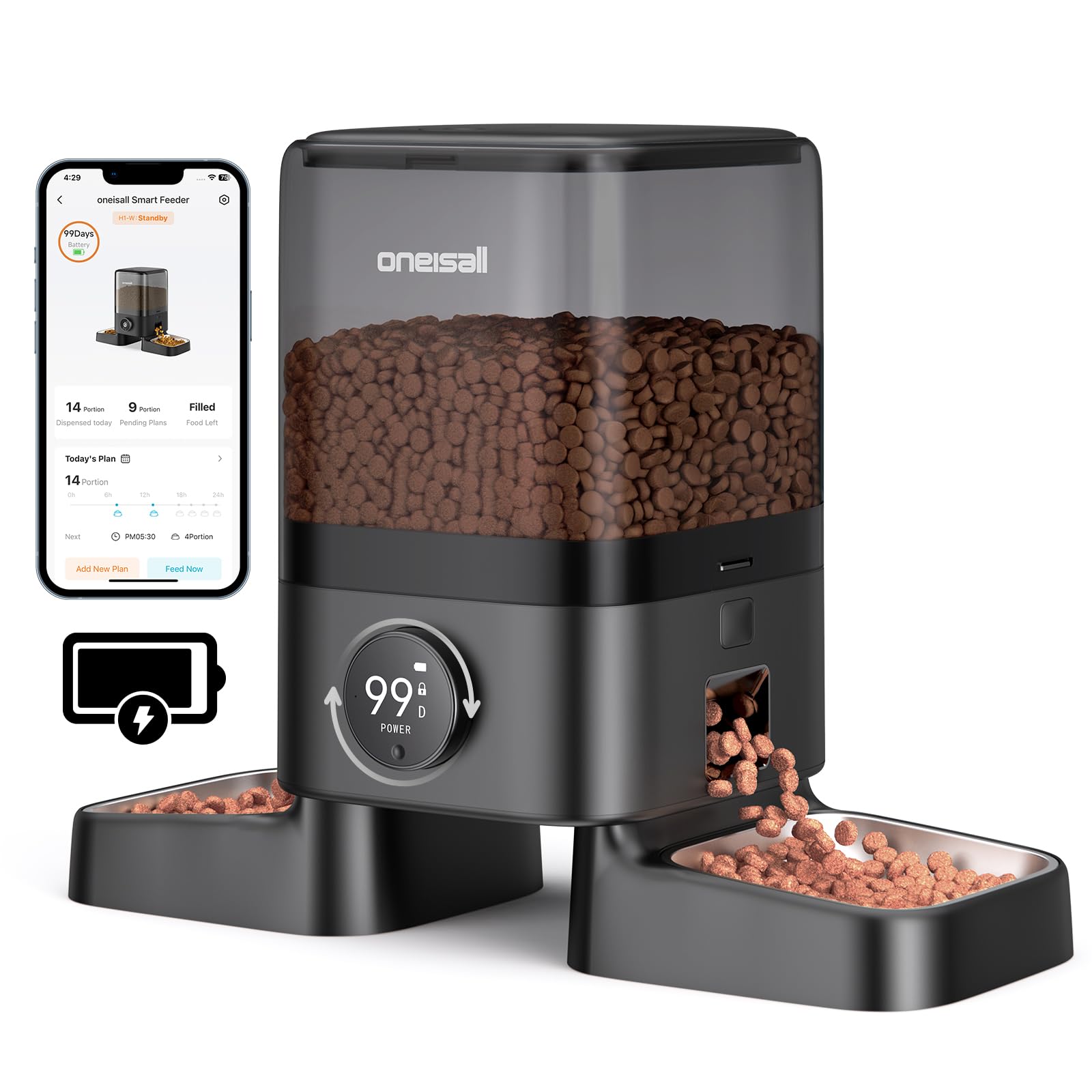 Oneisall cordless WiFi automatic cat feeder front view with cord-free placement.