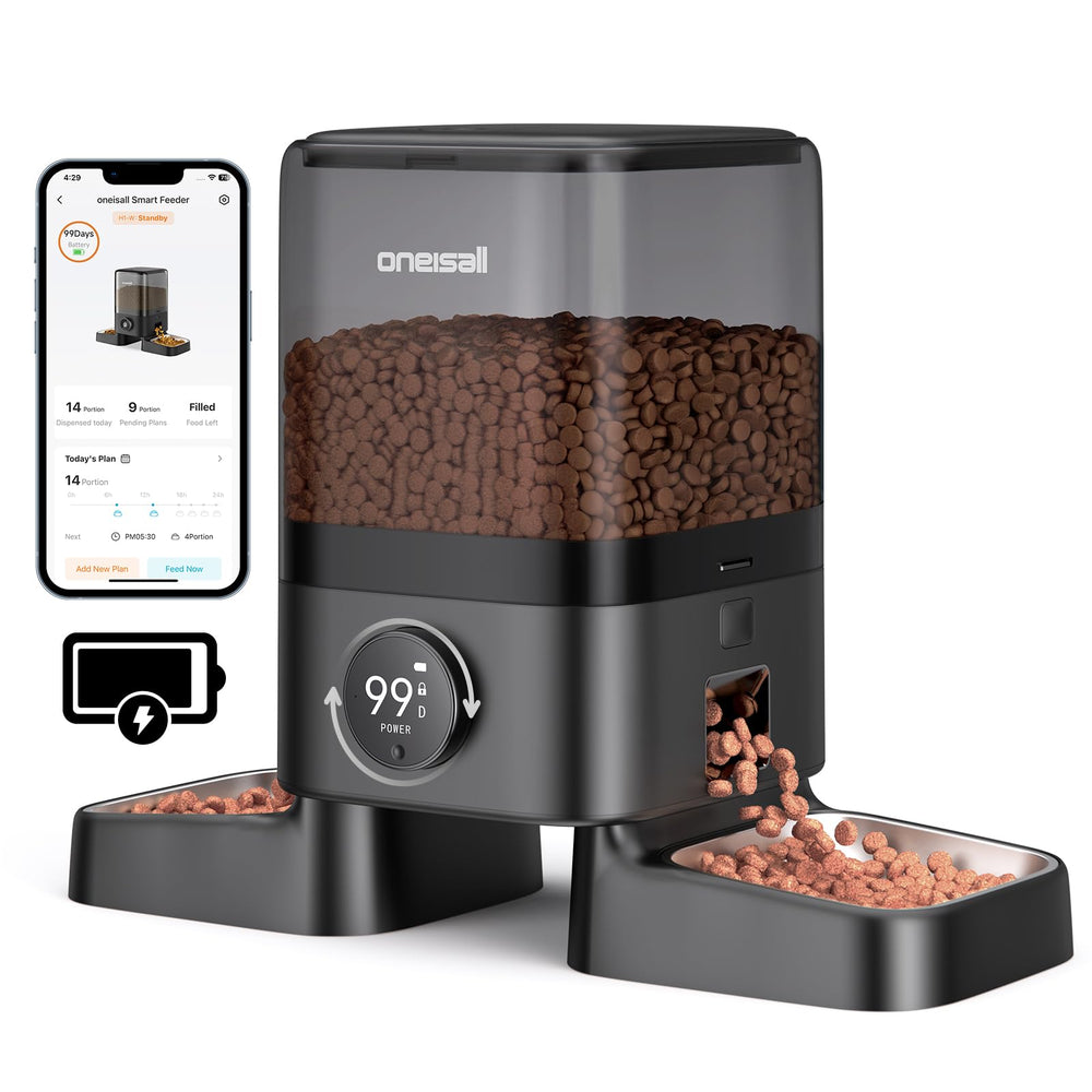 Oneisall cordless WiFi automatic cat feeder front view with cord-free placement.