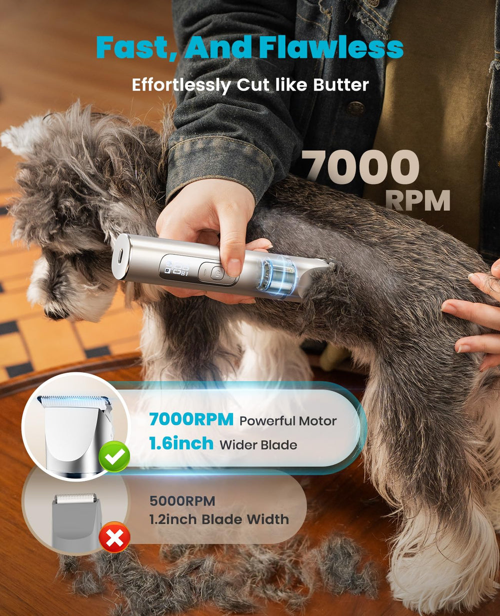 Oneisall detailing view of face and ears for precise grooming results.