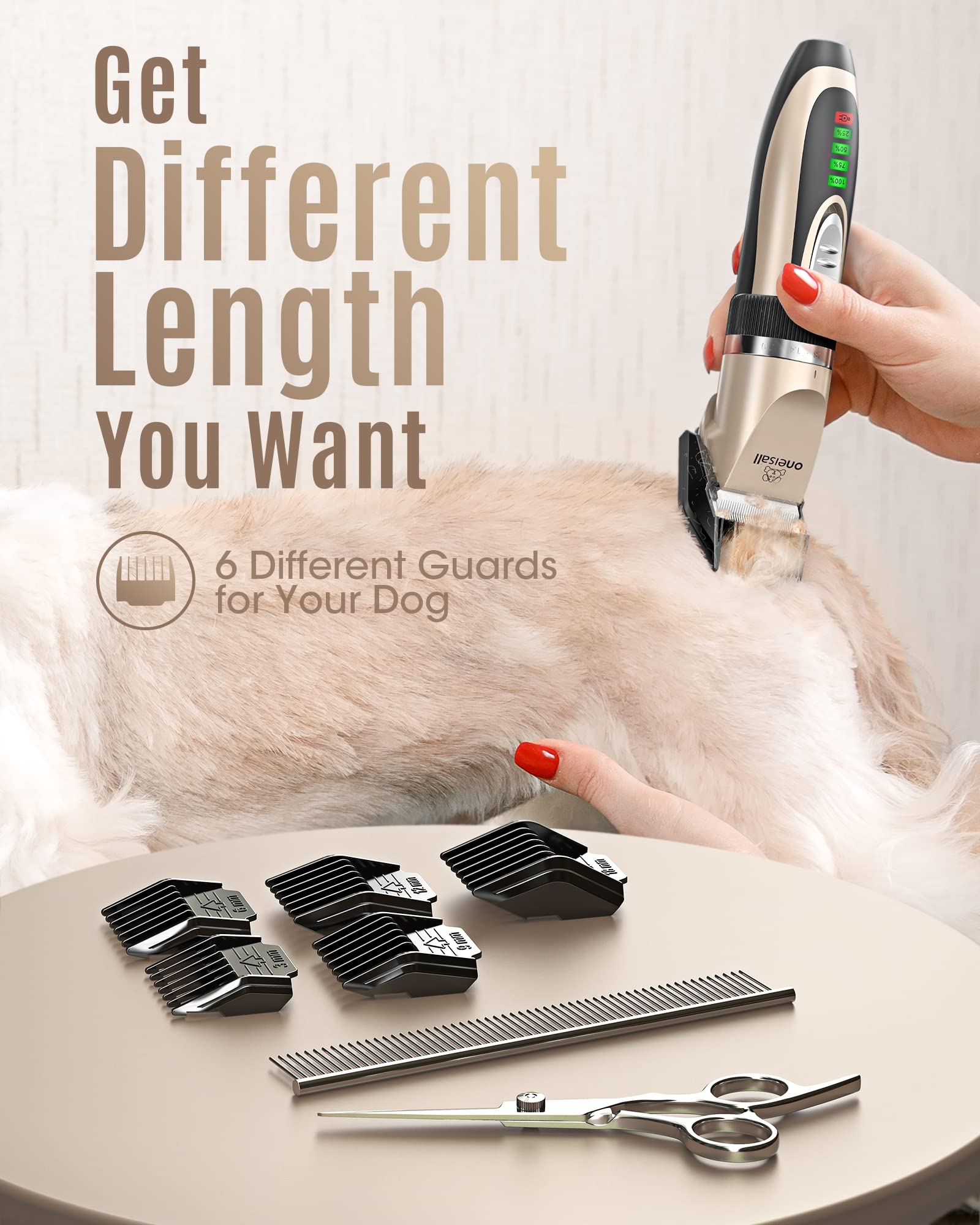 Oneisall dog clippers come with cleaning brush, comb, and scissors
