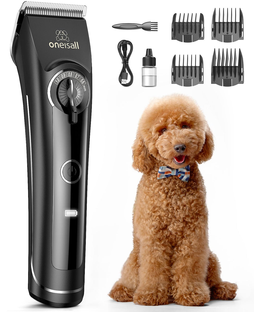oneisall dog clippers with heavy-duty motor for smooth trims on thick coats.