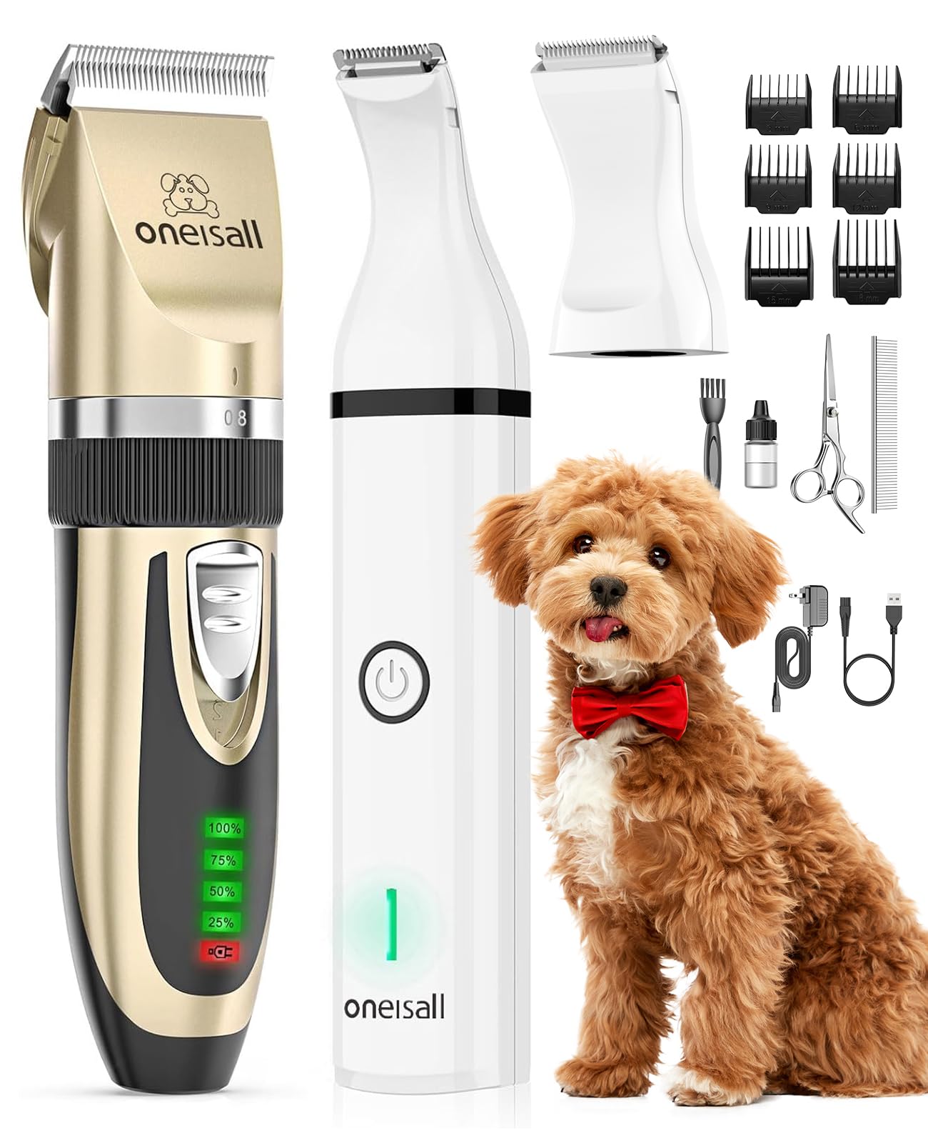 Oneisall dog clippers with LCD display showing battery level for easy grooming.