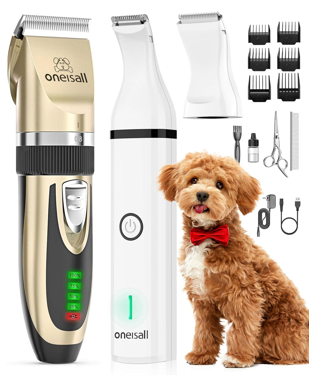 Oneisall dog clippers with LCD display showing battery level for easy grooming.