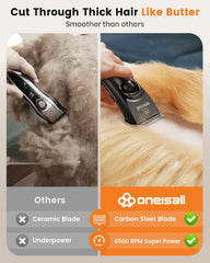 oneisall dog clippers with LCD battery indicator for planned sessions.