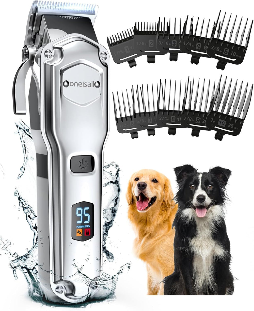Oneisall dog clippers smoothly cut thick coats with a stainless steel blade.