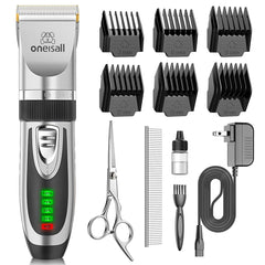 oneisall dog grooming clipper front view shows compact cordless design for easy handling.