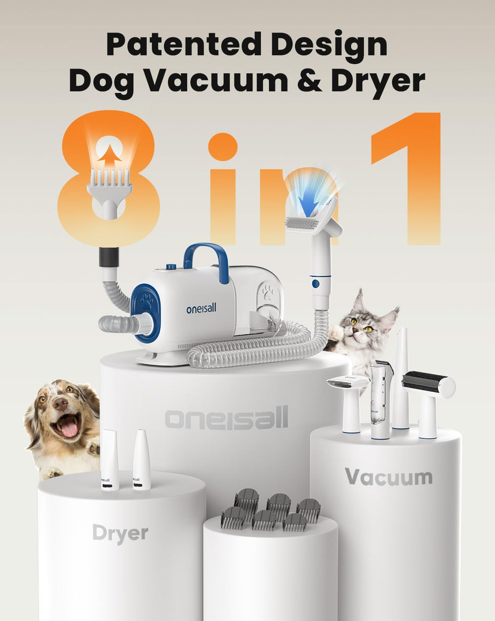 Oneisall 7-temp dryer settings display for adjustable heat during grooming.