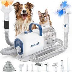 Oneisall dog grooming kit vacuum in use capturing shedding fur during grooming.