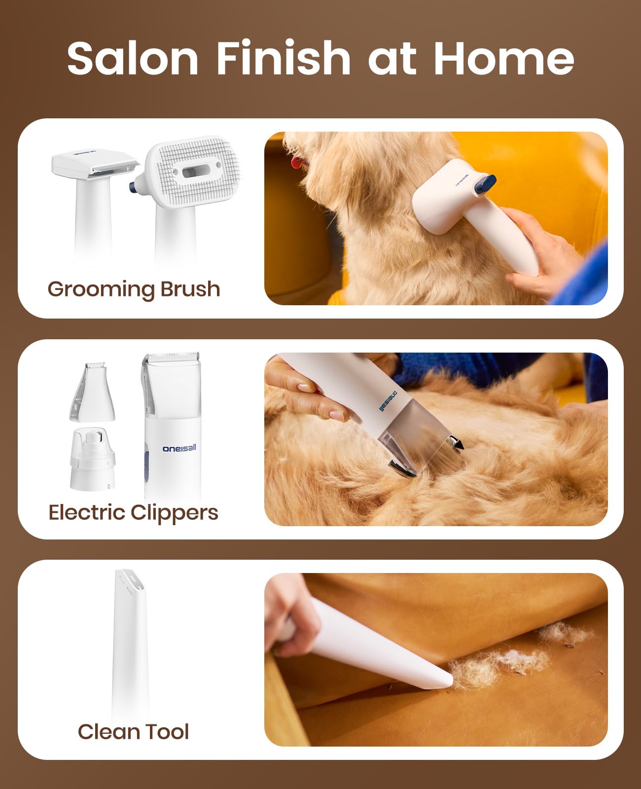 oneisall 2L debris canister reduces emptying frequency during multi-pet grooming.
