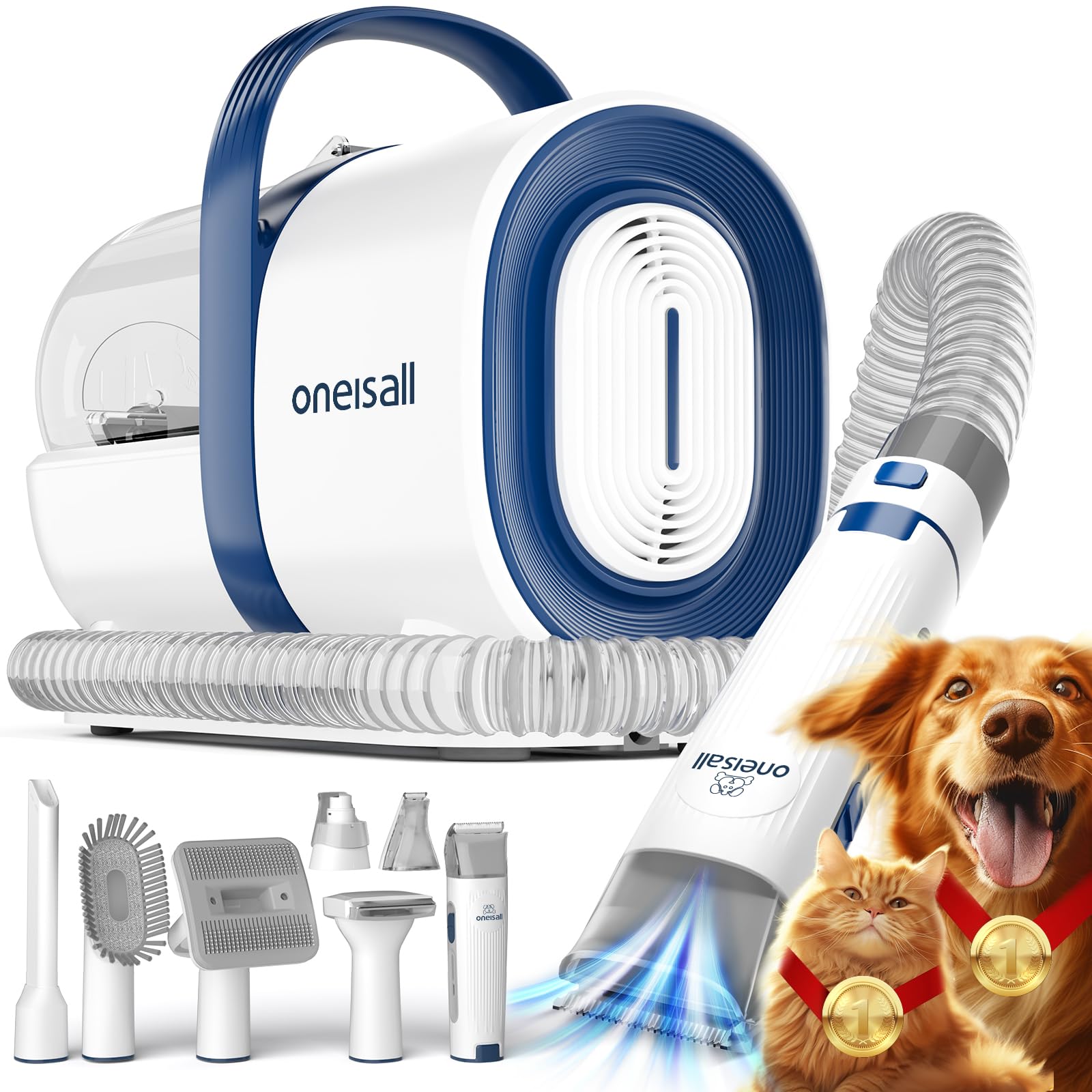 oneisall dog grooming vacuum setup showing integrated grooming and mess-free suction