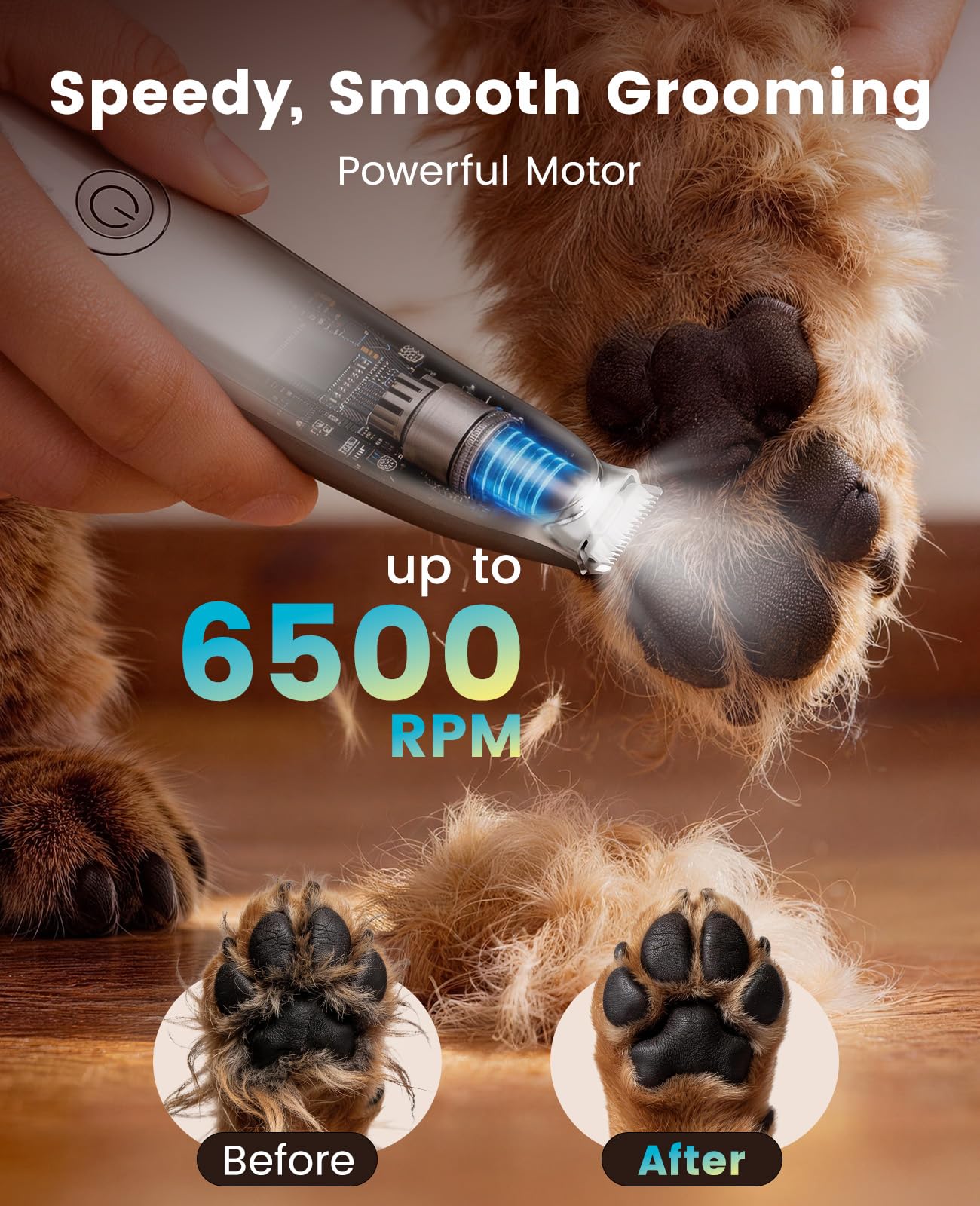 Oneisall paw trimmer side view highlighting 2-speed control for sensitive pets