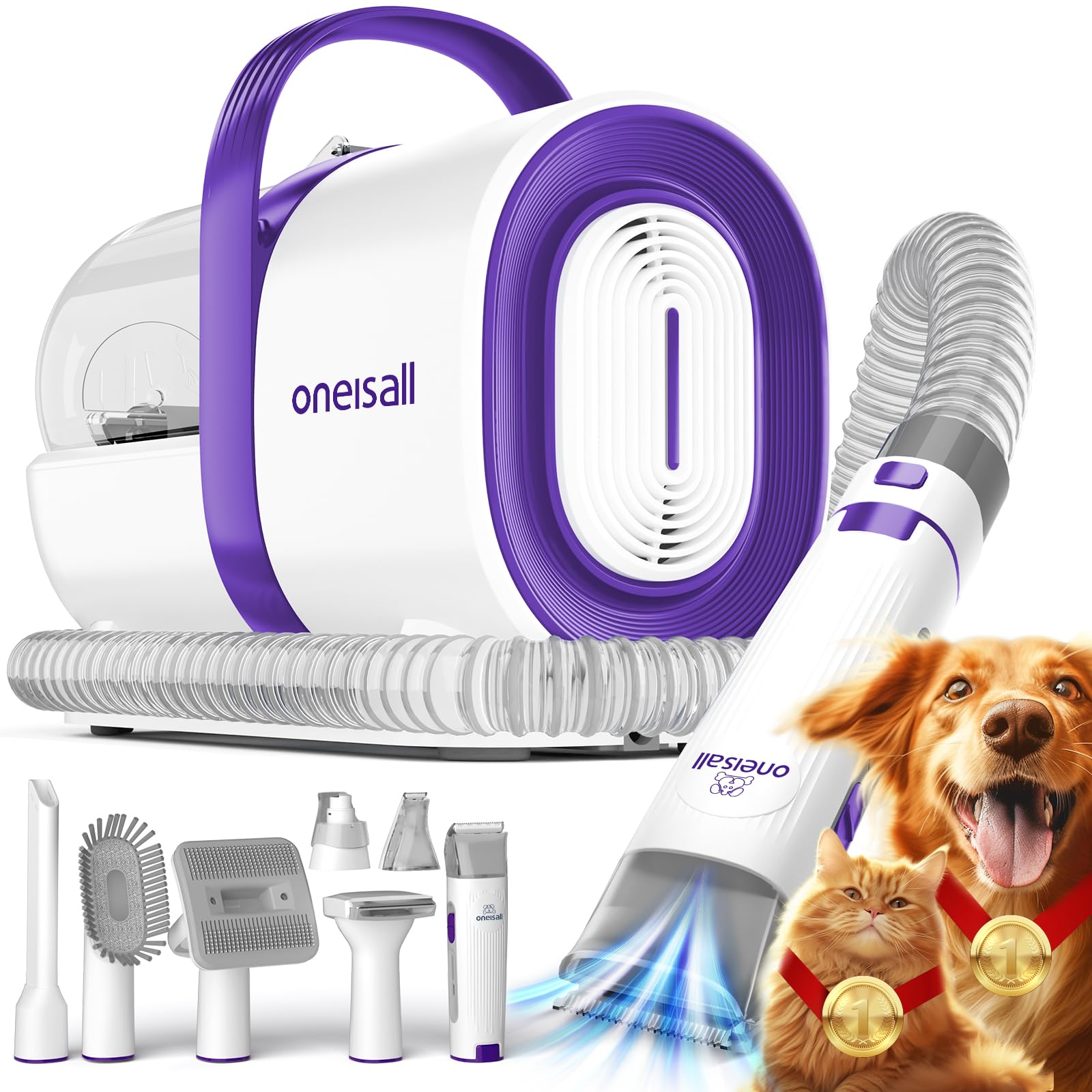 Oneisall dog grooming vacuum front view, showing integrated suction for mess-free grooming