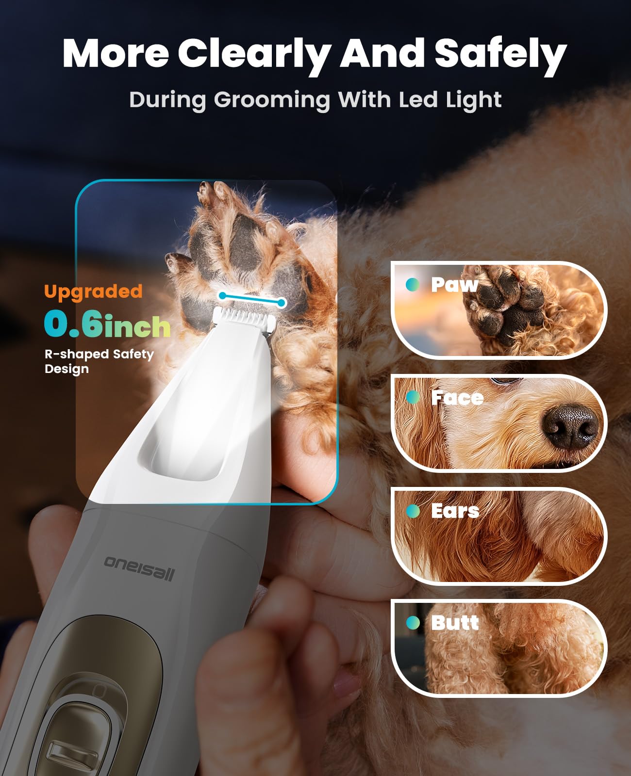 Oneisall LED light on dog clippers for precise trimming.