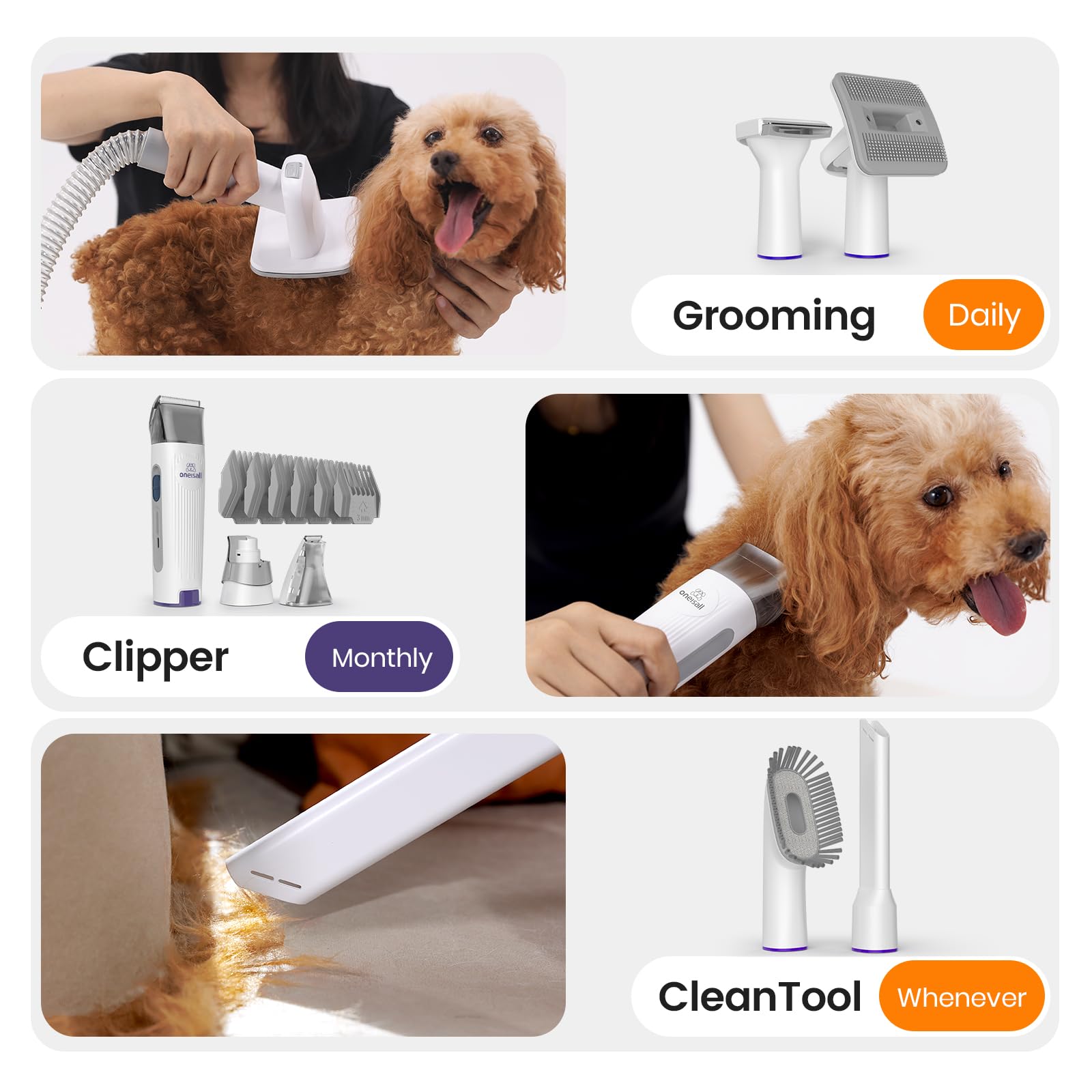 Oneisall low-noise grooming vacuum operating at 60 dB for calm sessions