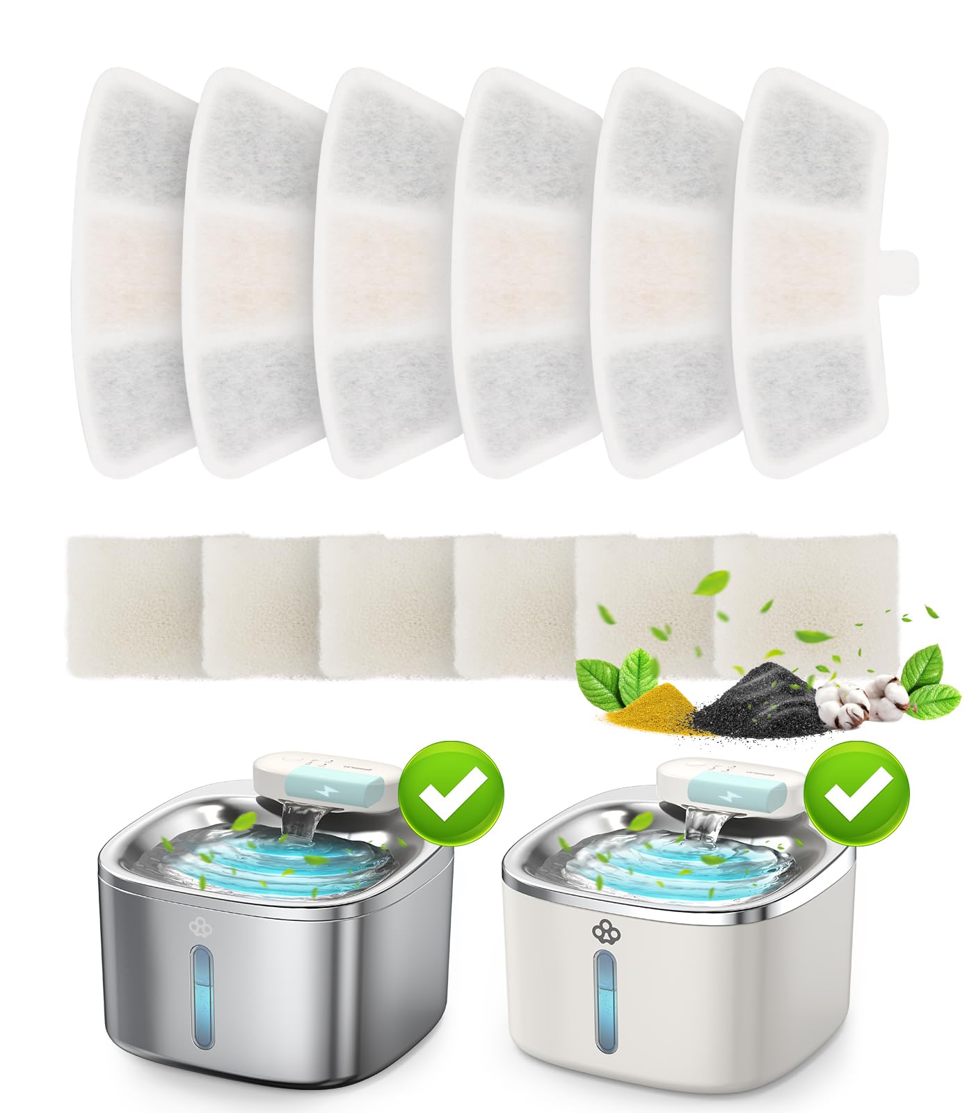 Oneisall PW04 replacement filters front view, six-pack for cleaner cat fountain water.