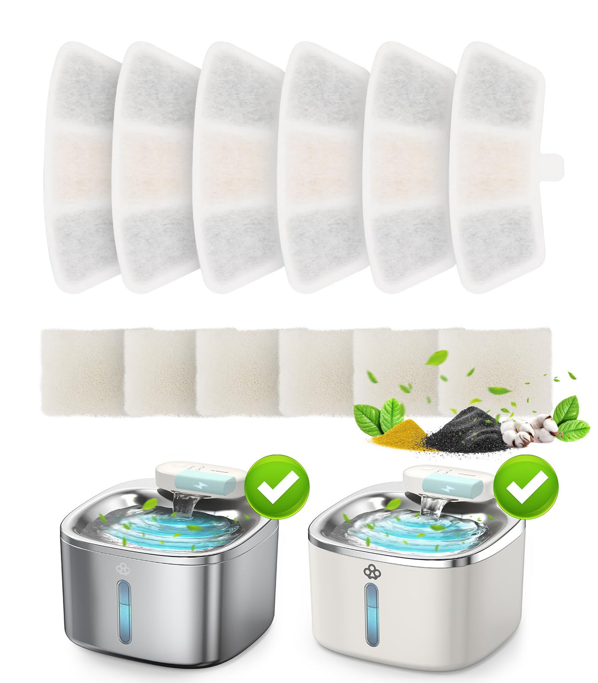 Oneisall PW04 replacement filters front view, six-pack for cleaner cat fountain water.