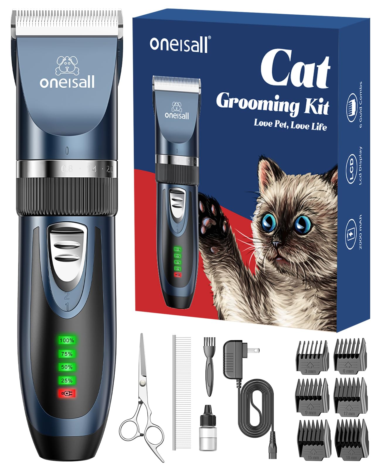 Oneisall Quiet Cat Clippers front view in blue for calm grooming sessions.