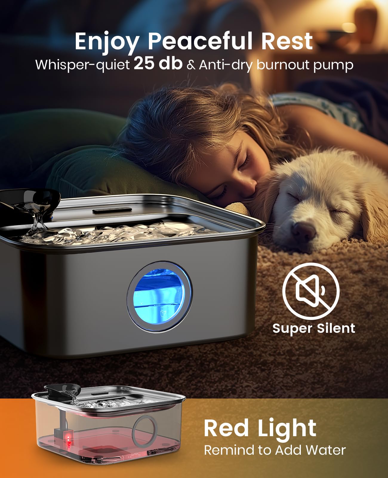 Ultra-quiet Oneisall pump with water indicator for peace of mind.