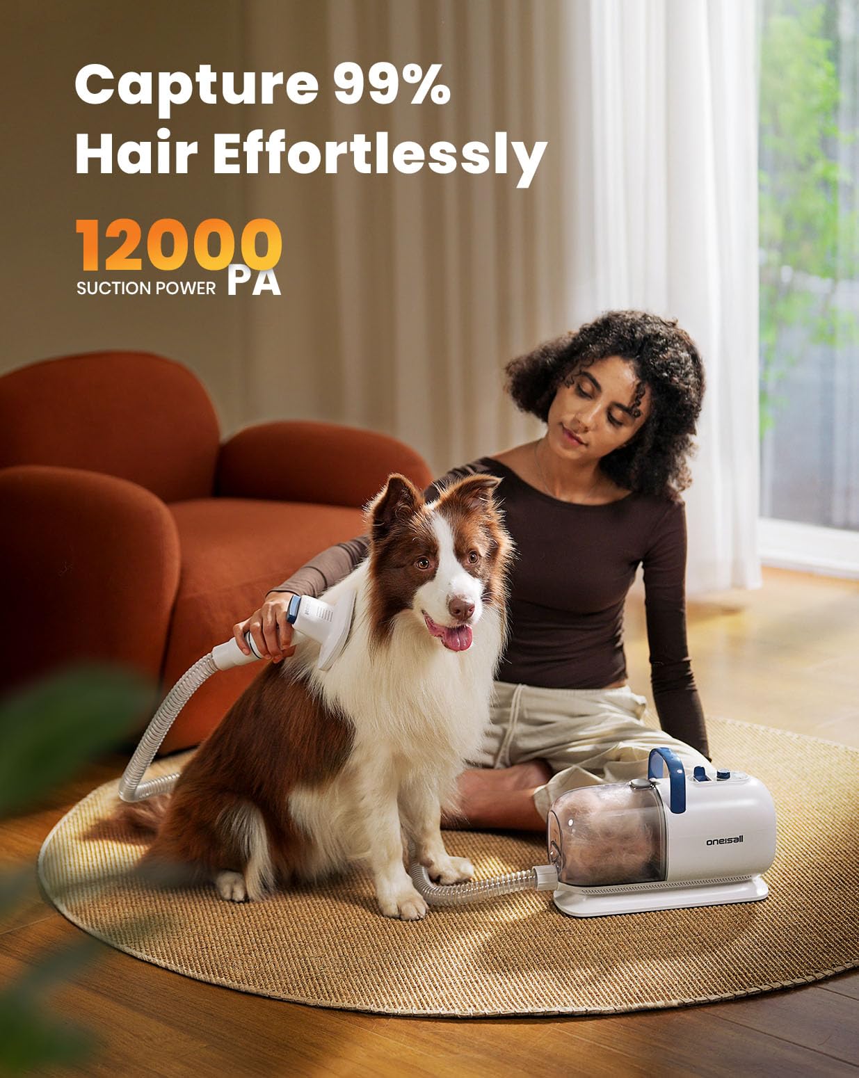 Oneisall suction feature collecting hair as grooming takes place.