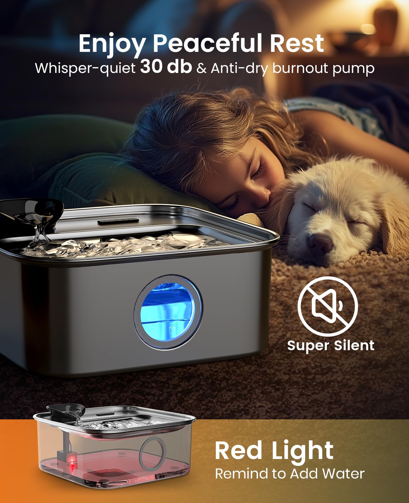 oneisall ultra-quiet pump keeps the fountain peaceful for pets and owners.
