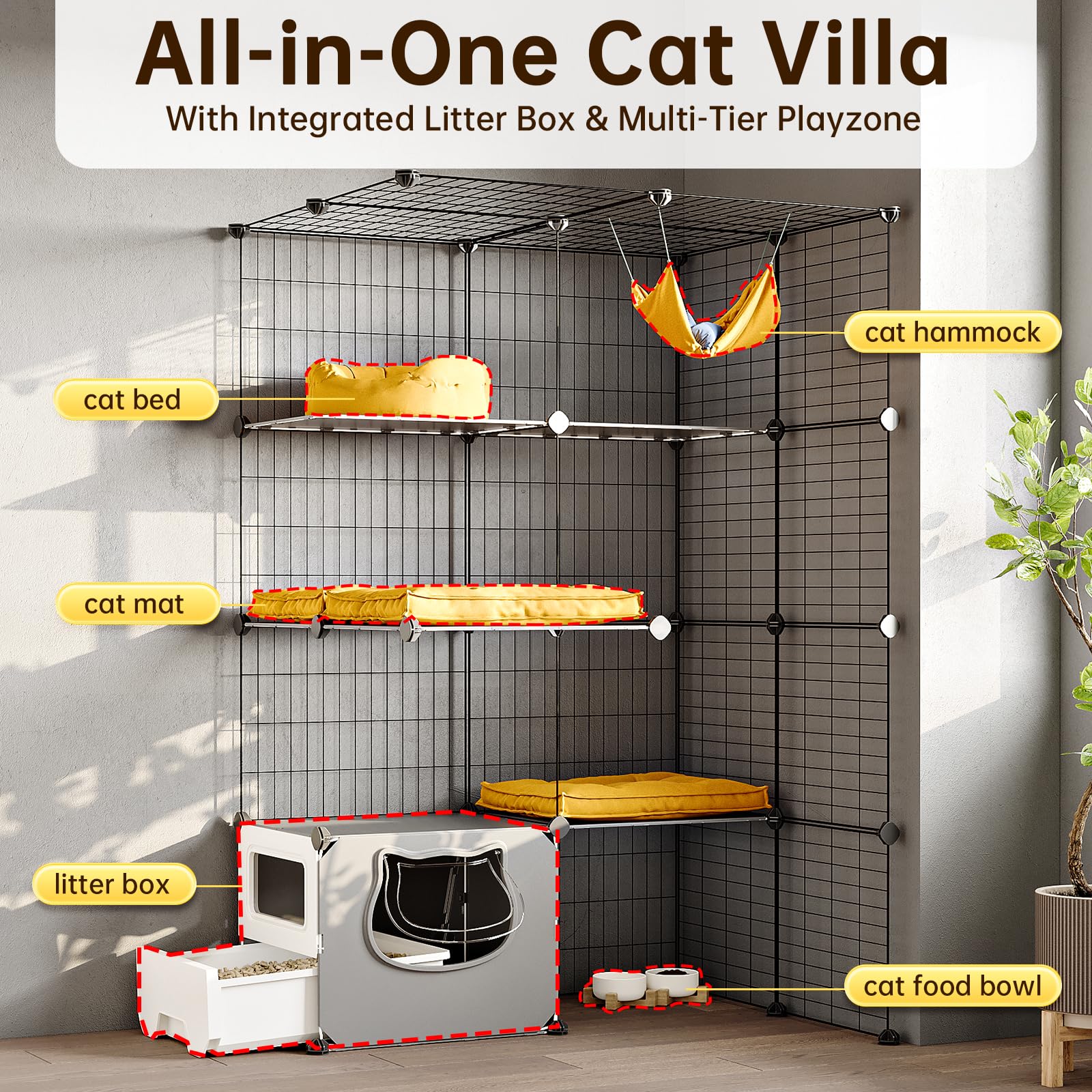 Oneluck indoor catio setup image emphasizes comfortable play area and secure containment.