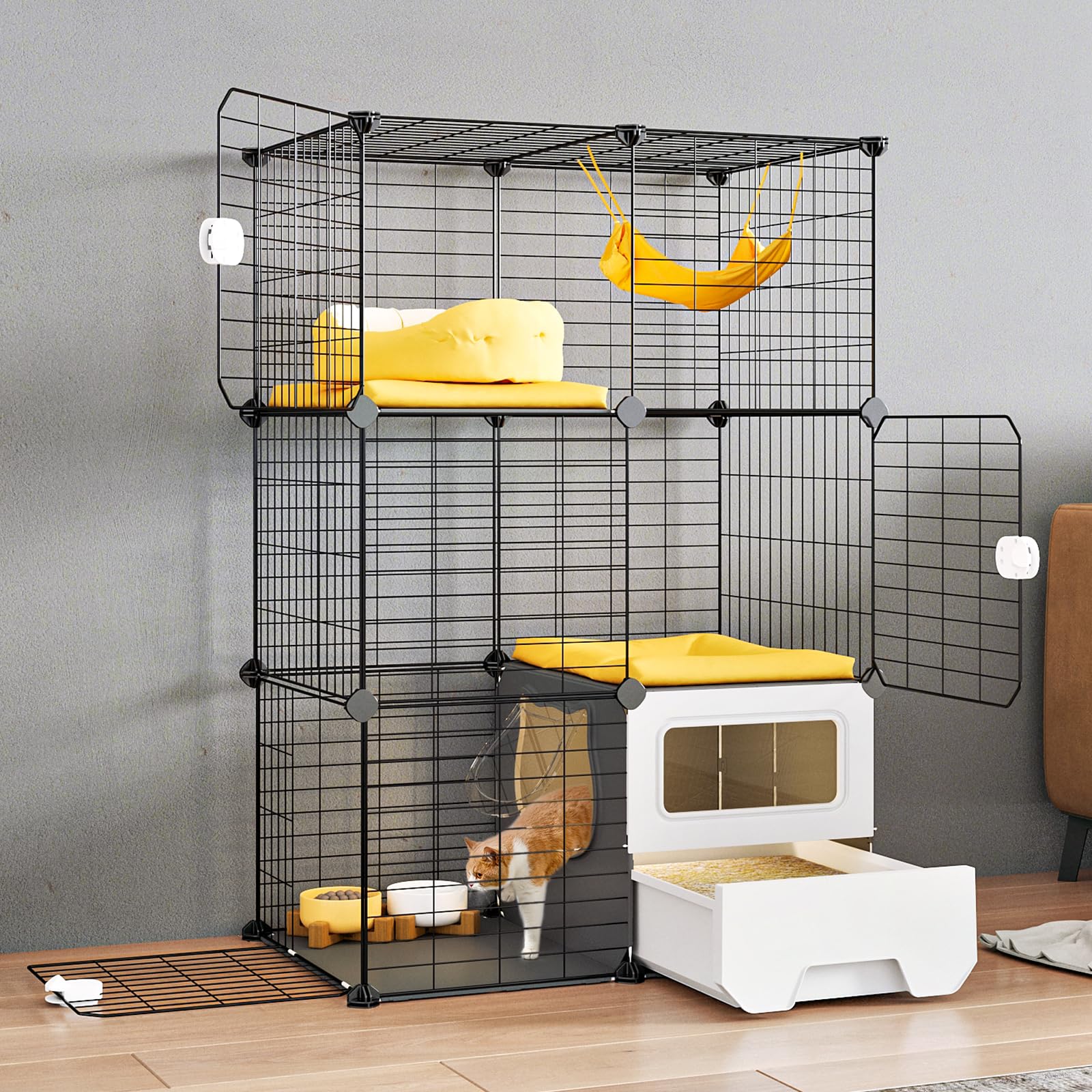 Oneluck cat cage indoor front view with litter box area for easy access
