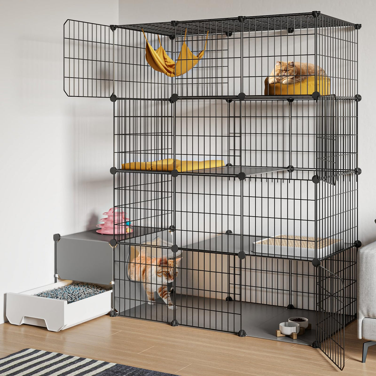 Oneluck cat cage with litter-box area keeps litter contained for easy maintenance.