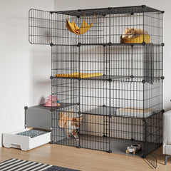 Oneluck cat cage with litter-box area keeps litter contained for easy maintenance.