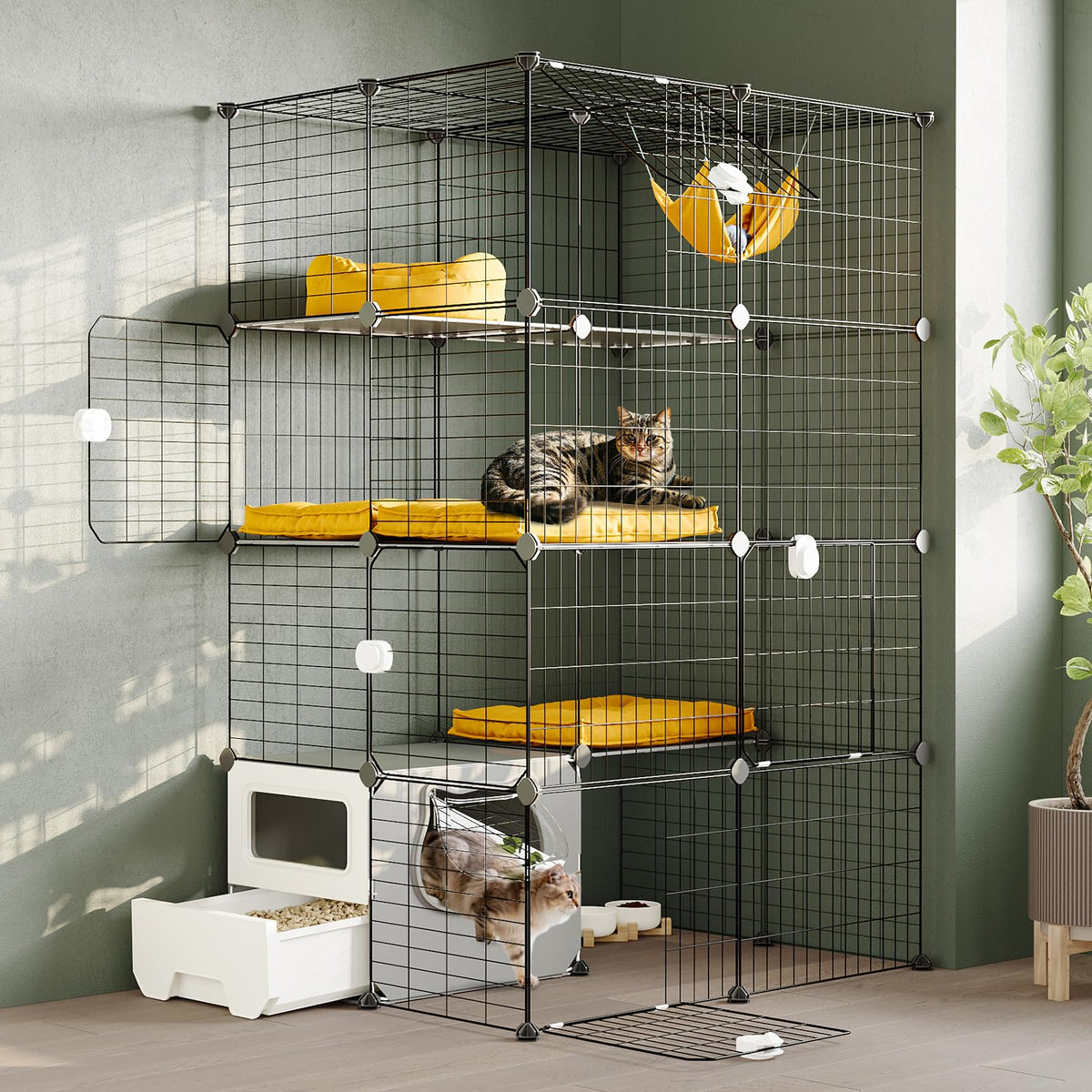 Oneluck cat cage with litter box front view highlights all-in-one convenience for quick cleanups.