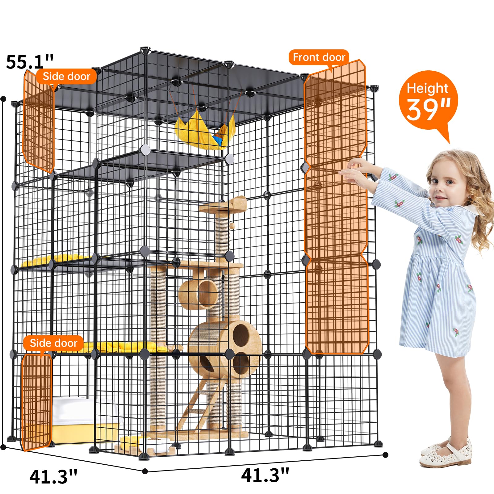 Oneluck extra large cat cage side view highlighting 41 by 41 inch footprint