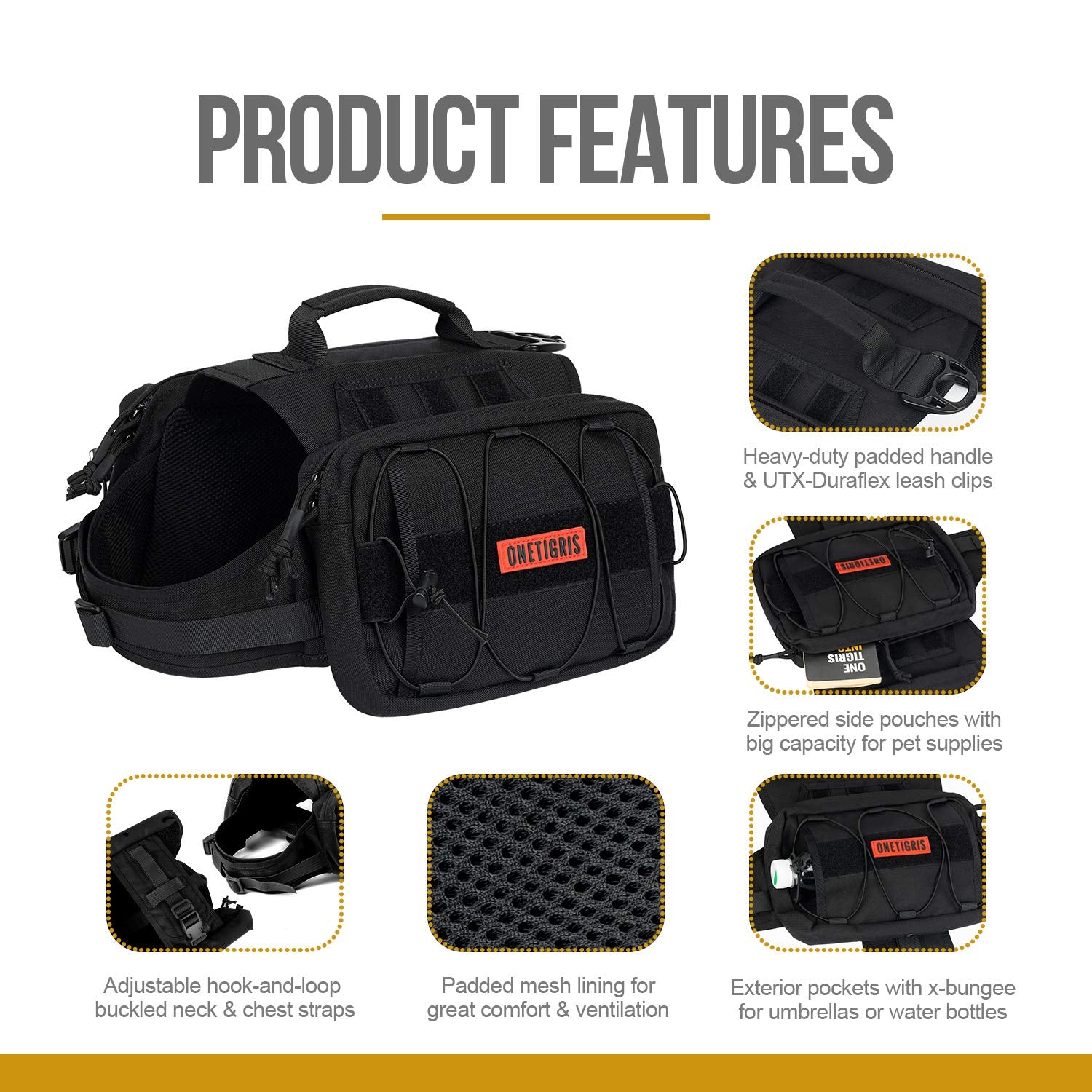 ONETIGRIS dog backpack featuring an exterior umbrella pocket for extra gear.
