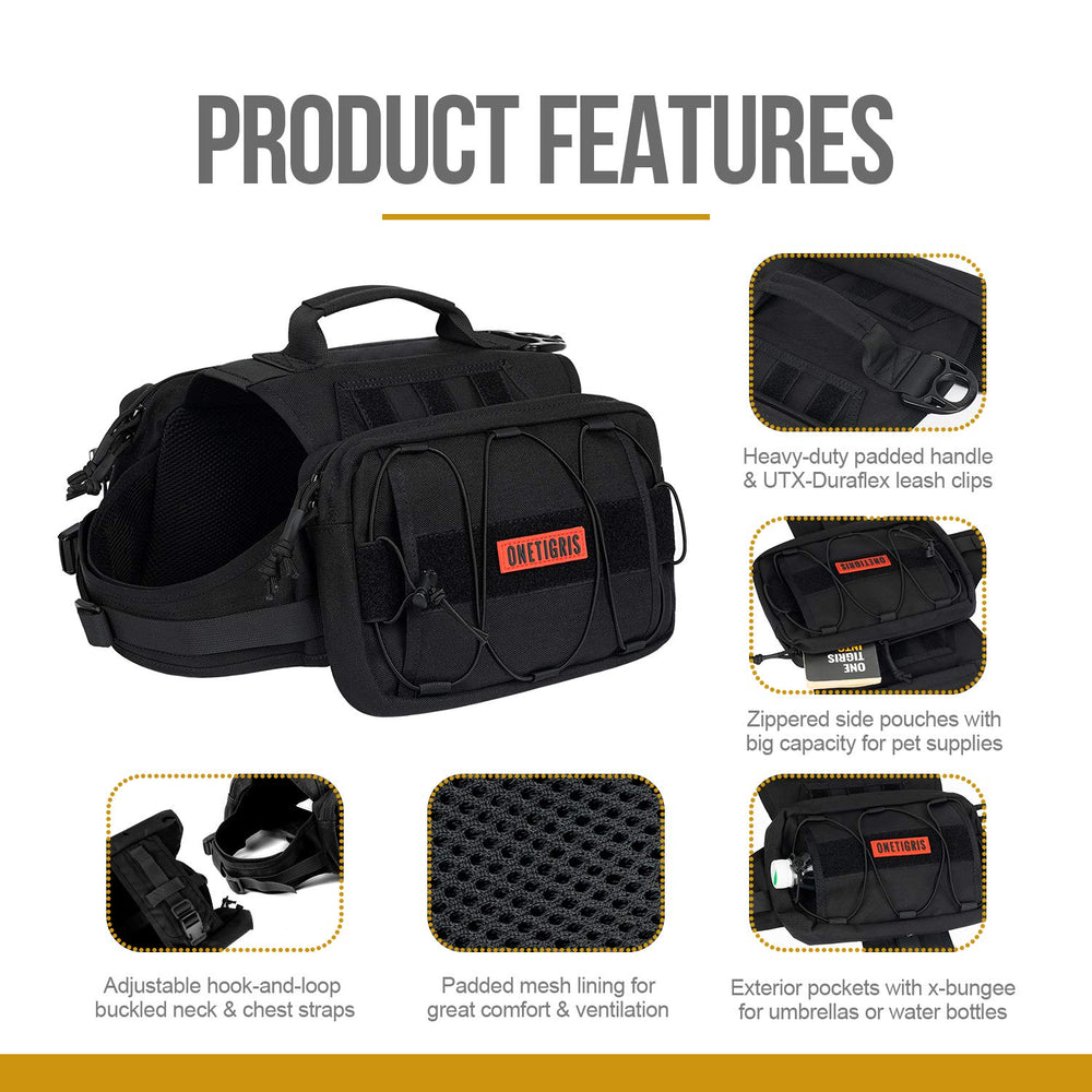 ONETIGRIS dog backpack featuring an exterior umbrella pocket for extra gear.