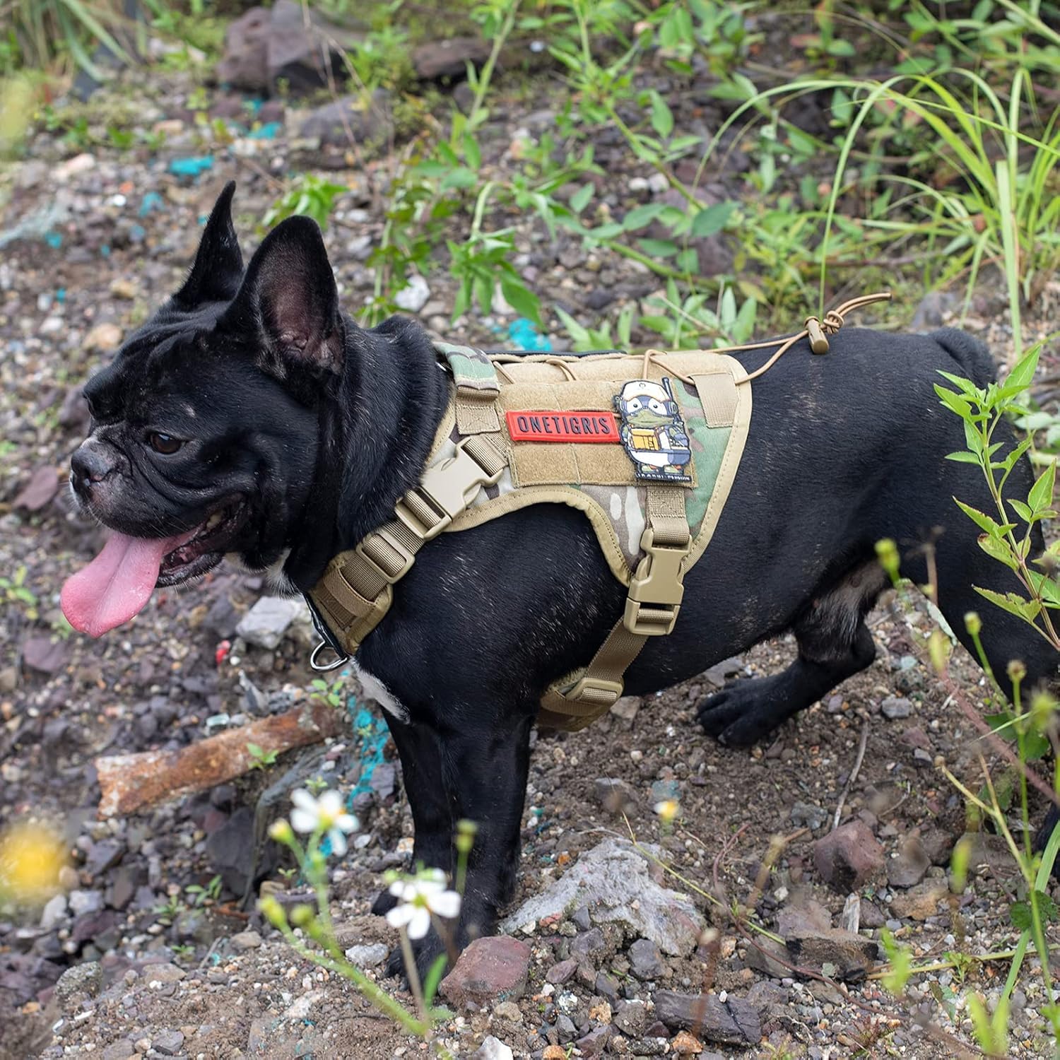 OneTigris dog harness camo adjustments with quick-release buckles for fast on/off