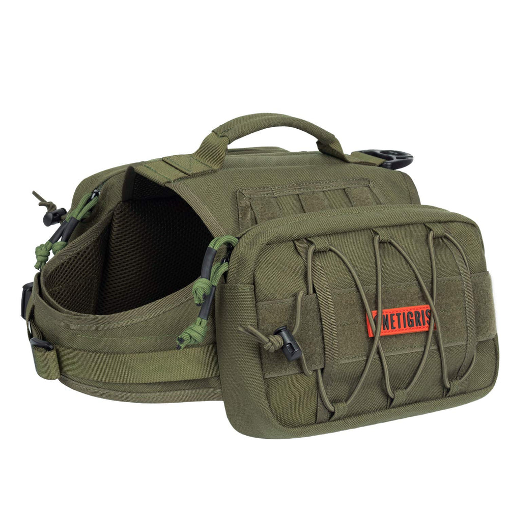 OneTigris Mammoth dog pack front view shows rugged nylon for long hikes.