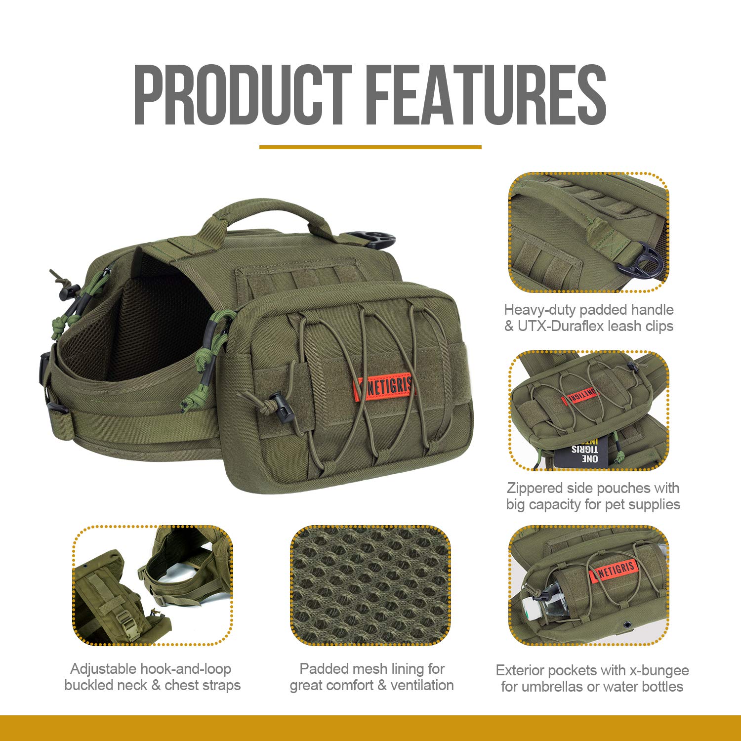 OneTigris Mammoth dog pack side pockets ready for water and treats on adventures.