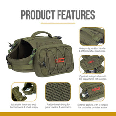 OneTigris Mammoth dog pack side pockets ready for water and treats on adventures.