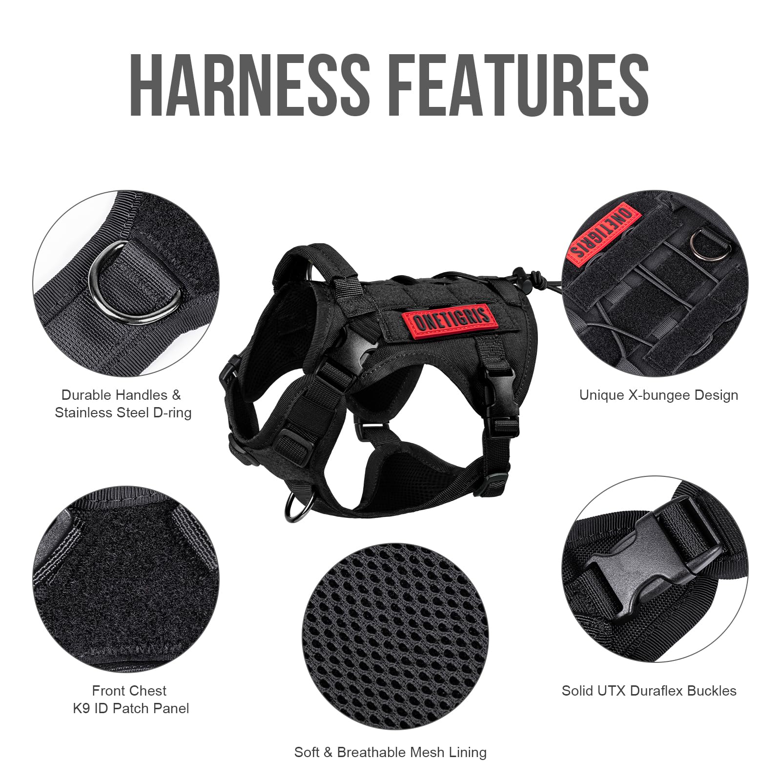 No-pull front leash attachment on OneTigris harness for guided walks.