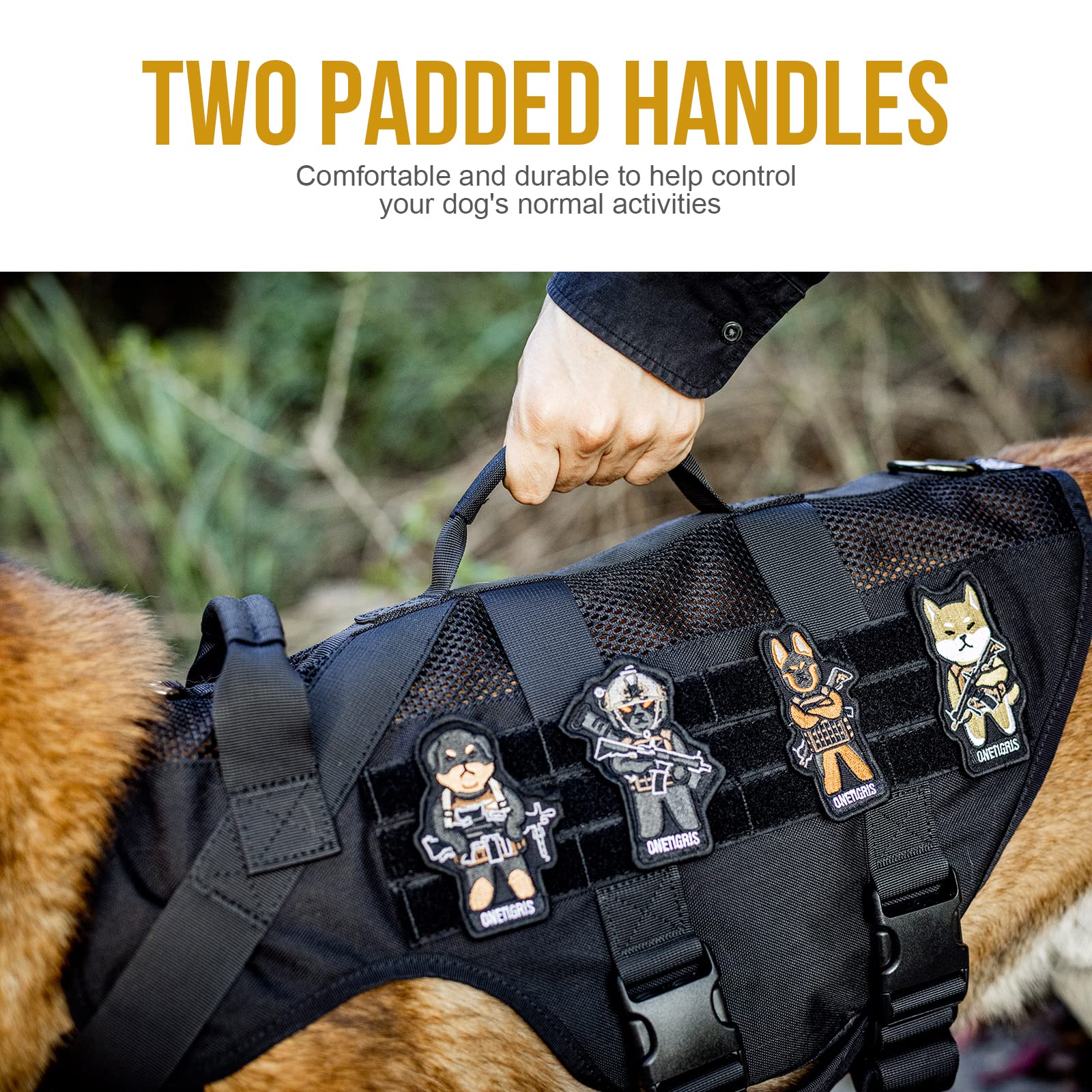 OneTigris No Pull harness back view showing MOLLE integration