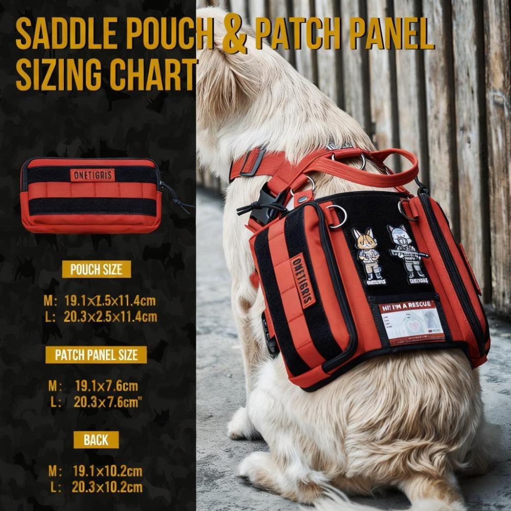 OneTigris service dog vest, red, front-left perspective highlights patches and personalization spaces
