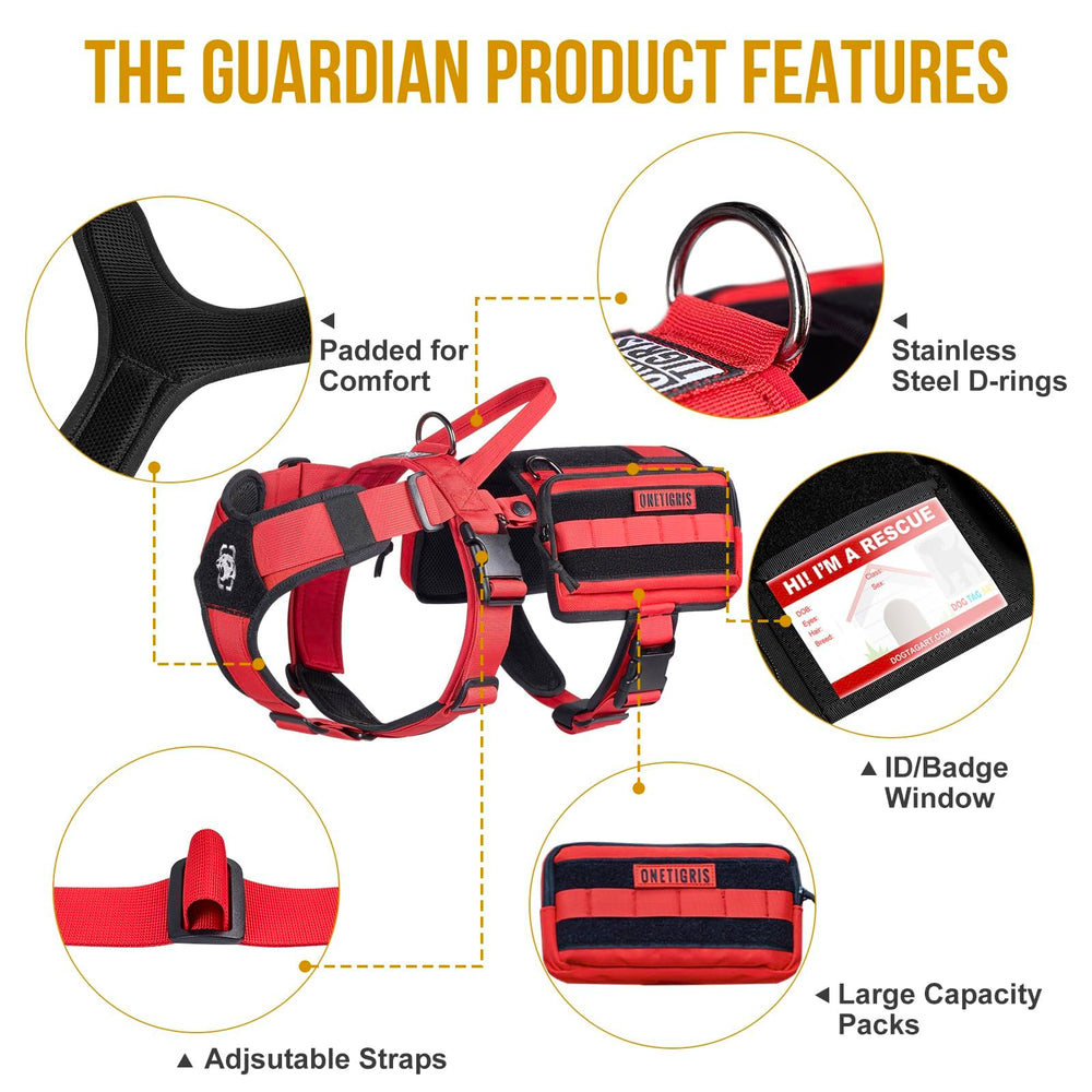 OneTigris service dog vest in red, ergonomic straps and durable quick-release buckles