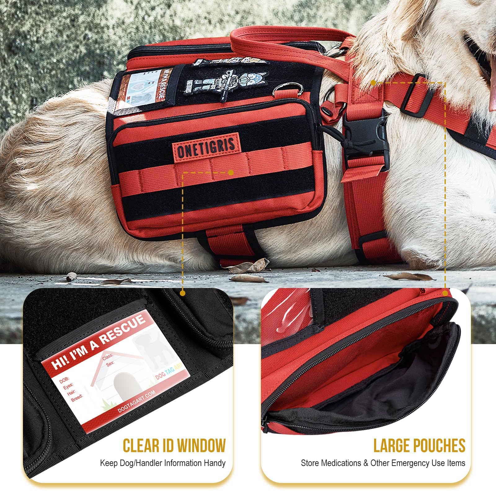 OneTigris vest, red, back view shows sturdy D-rings and handle attachment