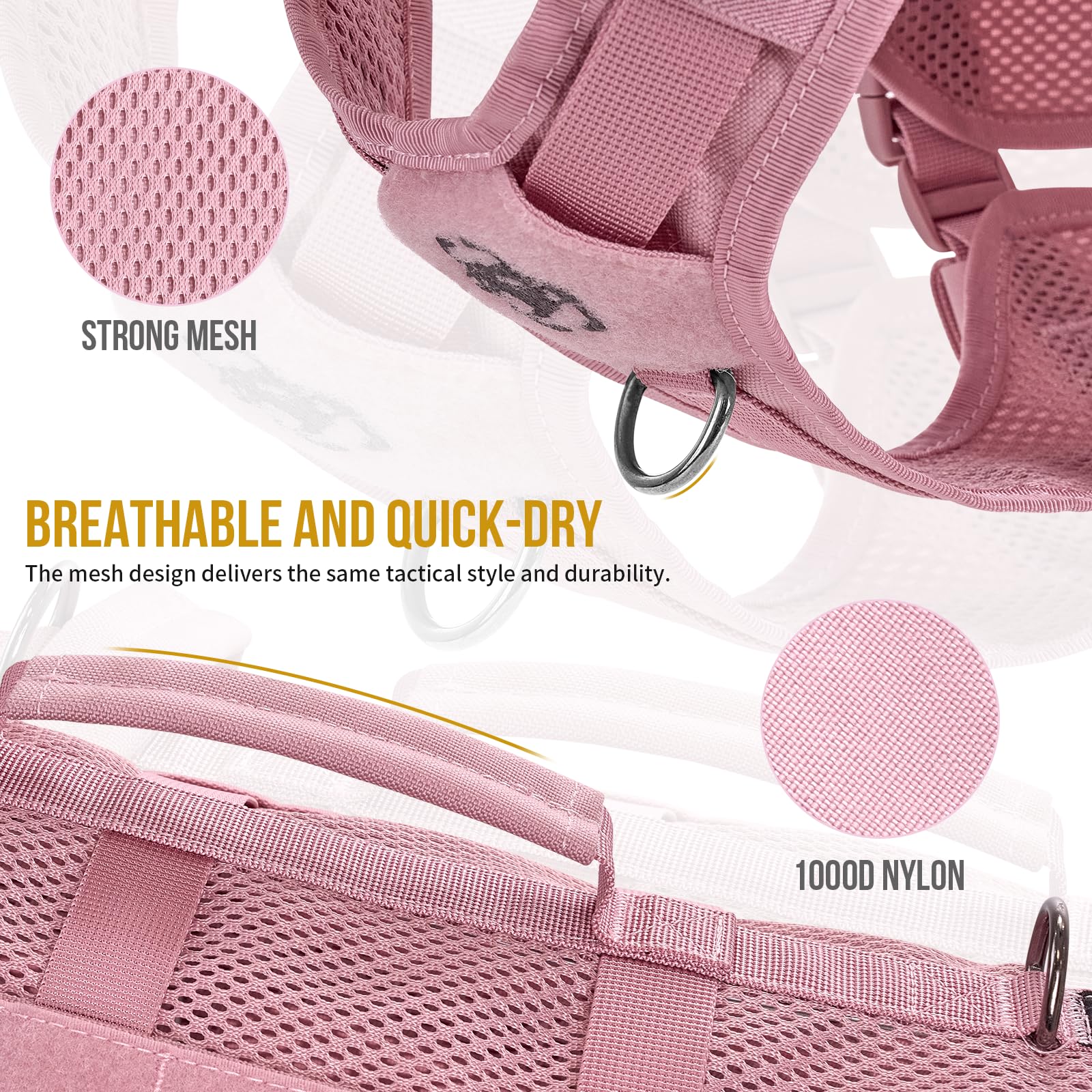 OneTigris small dog harness pink side view with MOLLE panel for attachable pouches